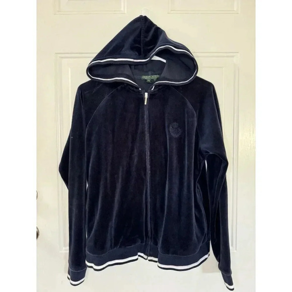 RALPH LAUREN Womens Full Zip Hoodie Track Jacket Dark Blue Velour Crest Small - Picture 2 of 7